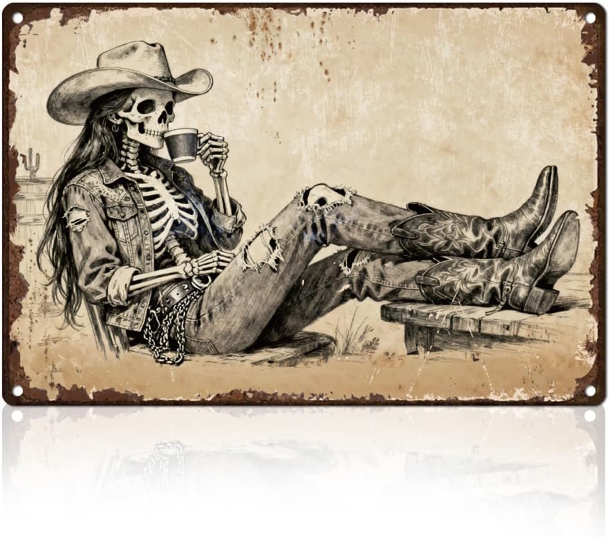Halloween Skeleton Decoration - Skeleton Cowboy Woman Tin Sign Retro