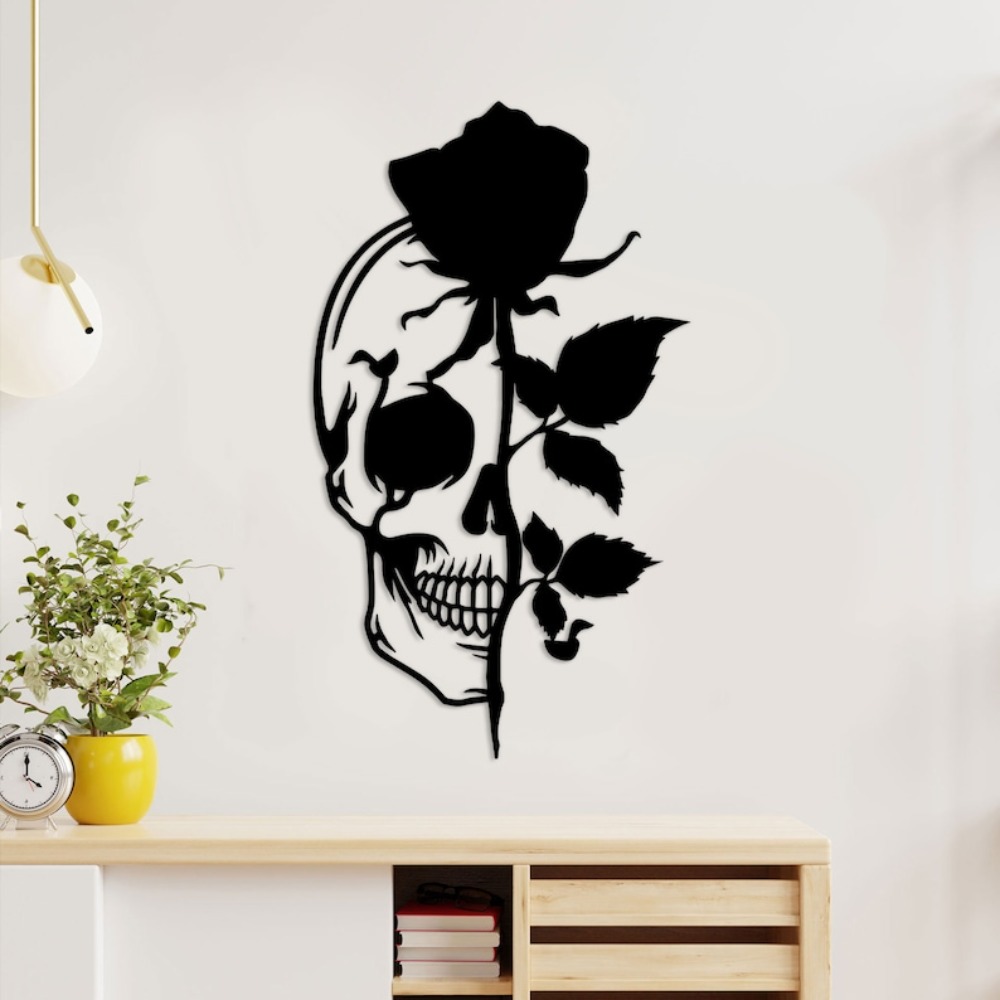 Skull with Rose Metal Wall Art - Halloween Skeleton Decoration review and price